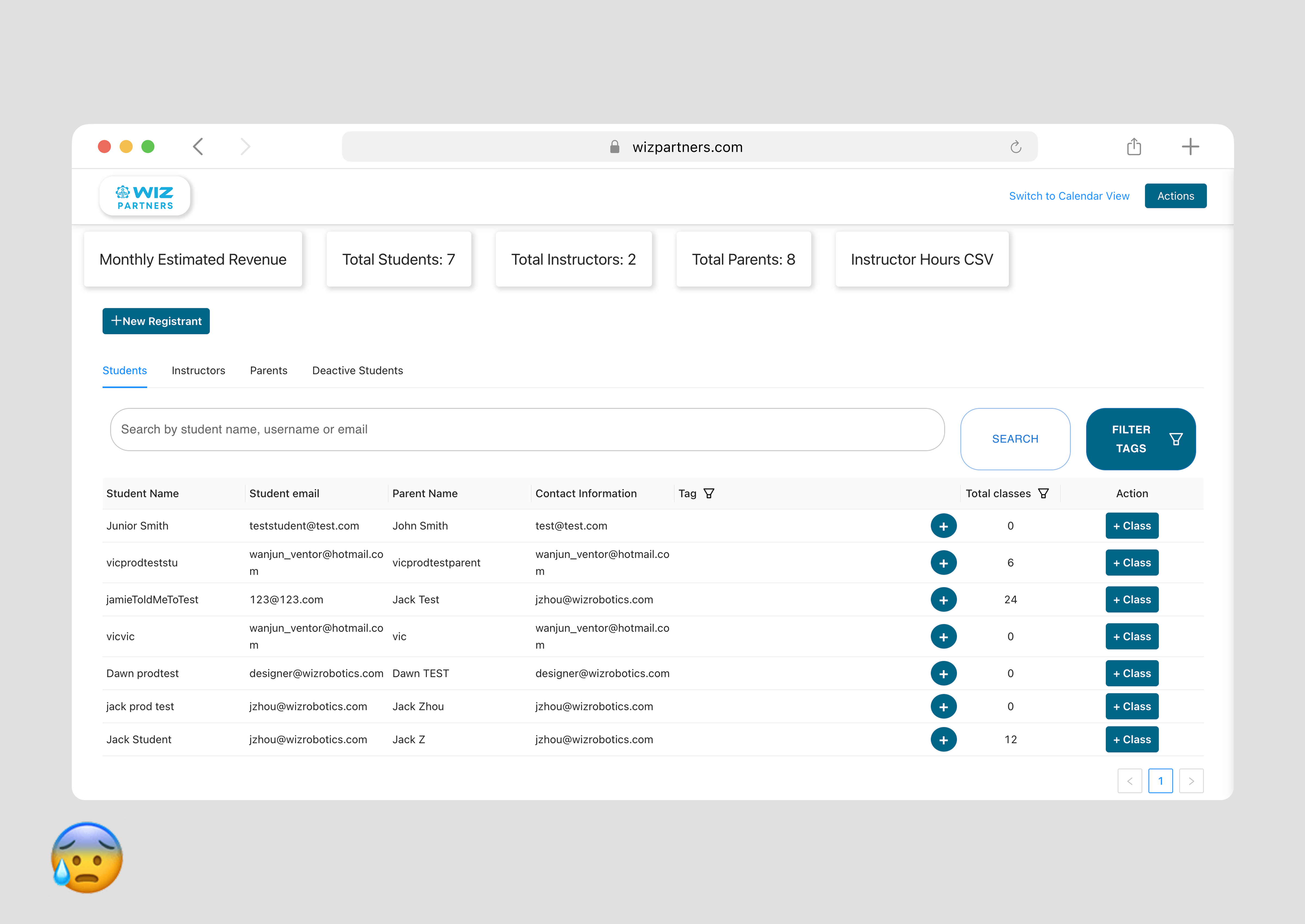 Previous Wiz dashboard — outdated CRM interface in a browser window